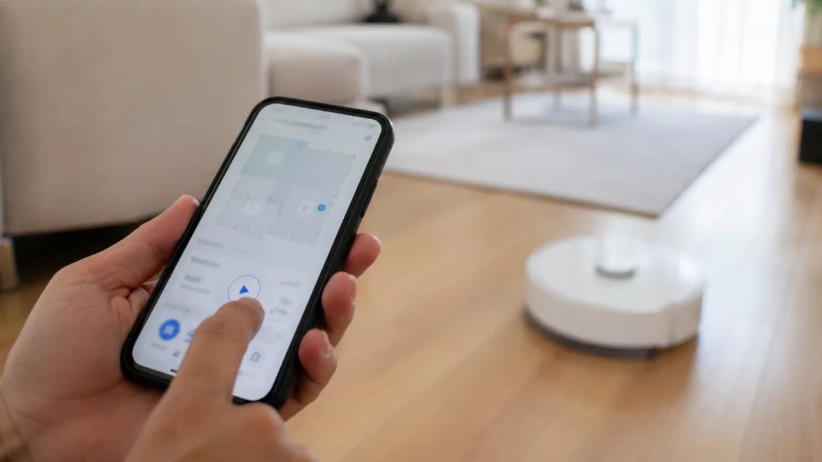 Mãos segurando celular com app genérico de limpeza enquanto robô aspirador branco limpa o piso de madeira ao fundo na sala.